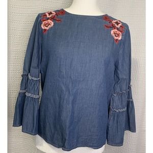 Express Womens Jean Blouse Flower Embroidery 3/4 Sleeve Size S HIppie 70s